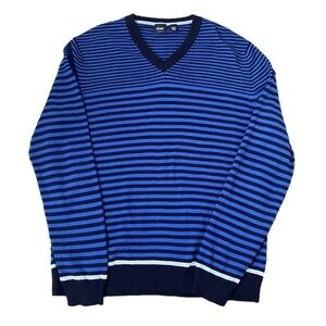 Hugo Boss Maccio Slim Fit Merino Wool Striped V-neck Sweater Mens XL Blue Black